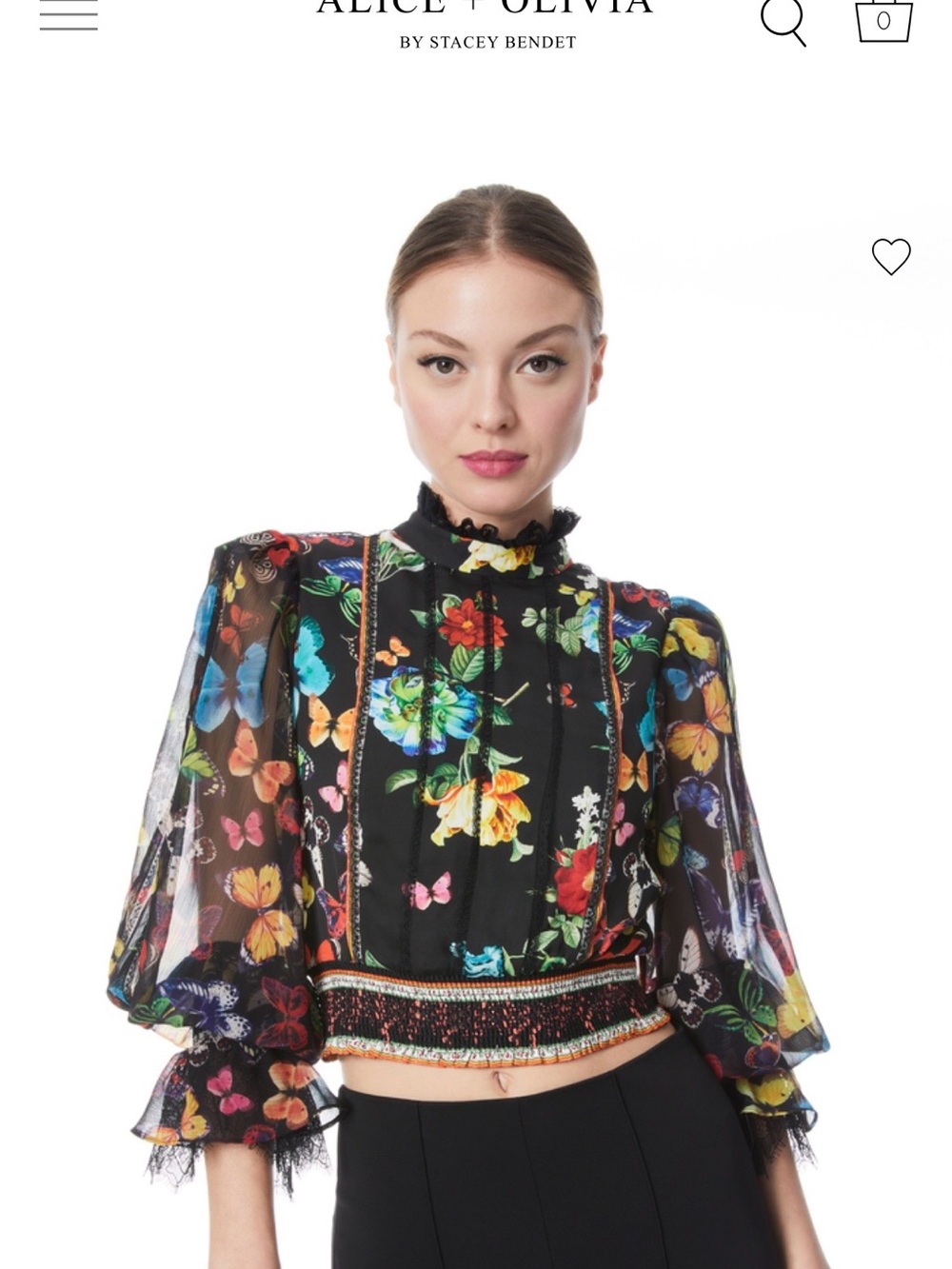 Alice + Olivia Black Multicolor Floral & Butterfly Cropped Blouse - Picture 2 of 8